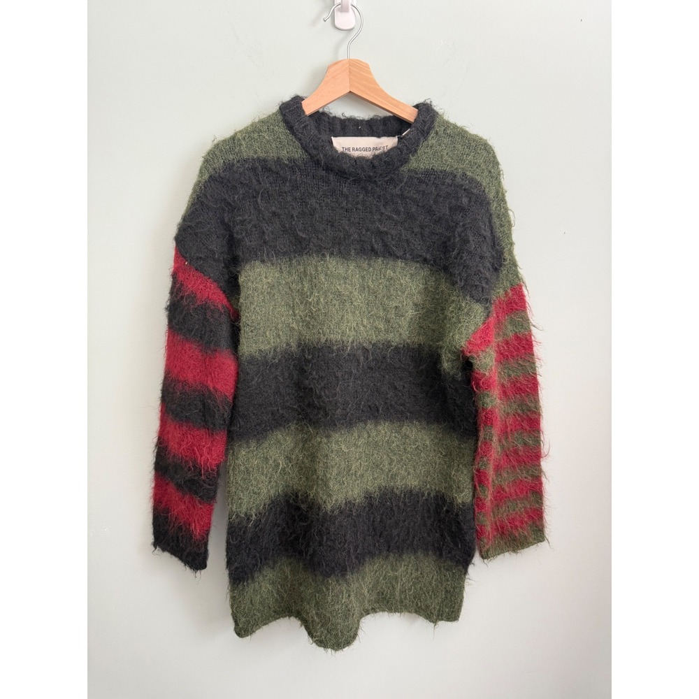 The Ragged Priest Striped Fuzzy Knit Oversized Sweater Green Red Black Small NWT